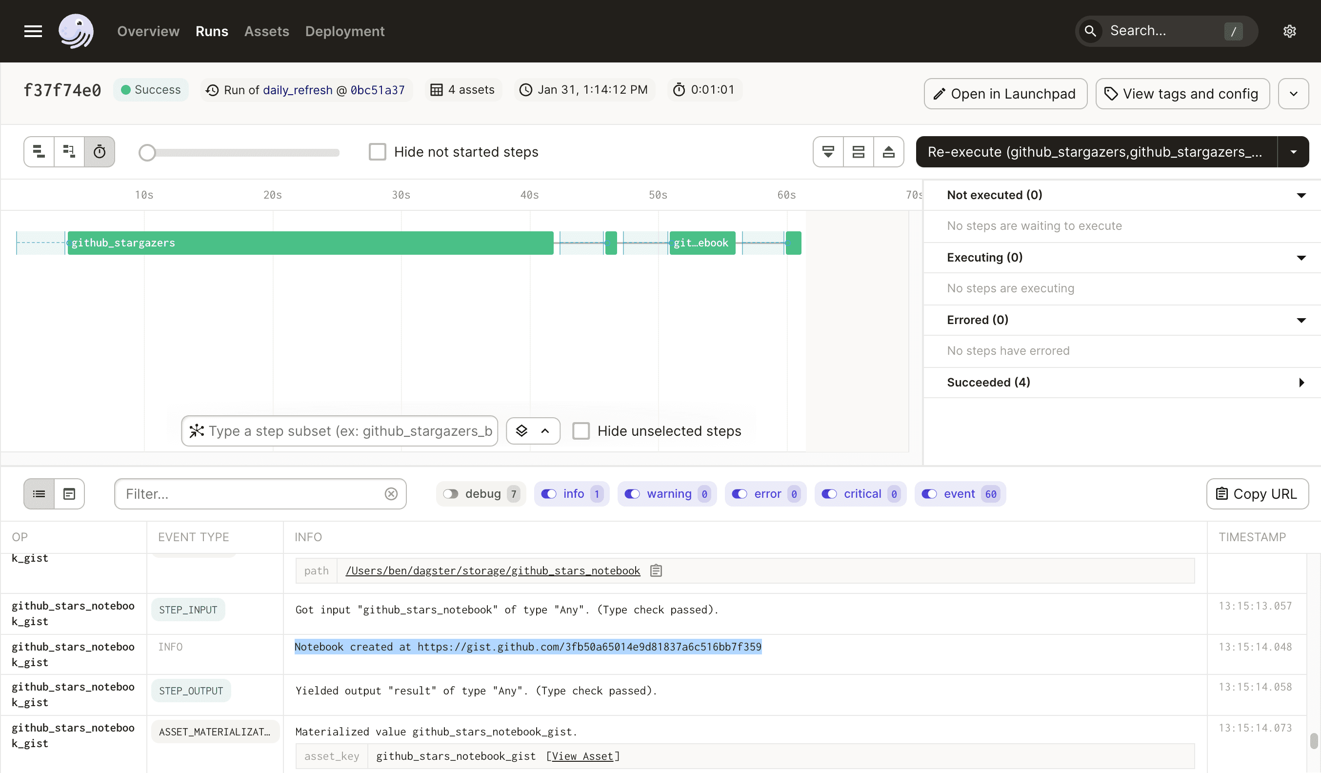 A screenshot of a Dagster run showing a link to a GitHub gist.