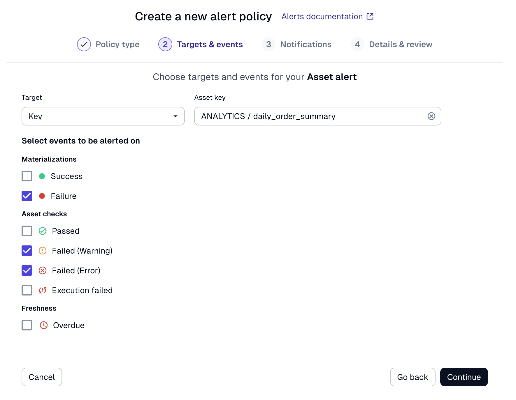 The Dagster UX for configuring alert policies