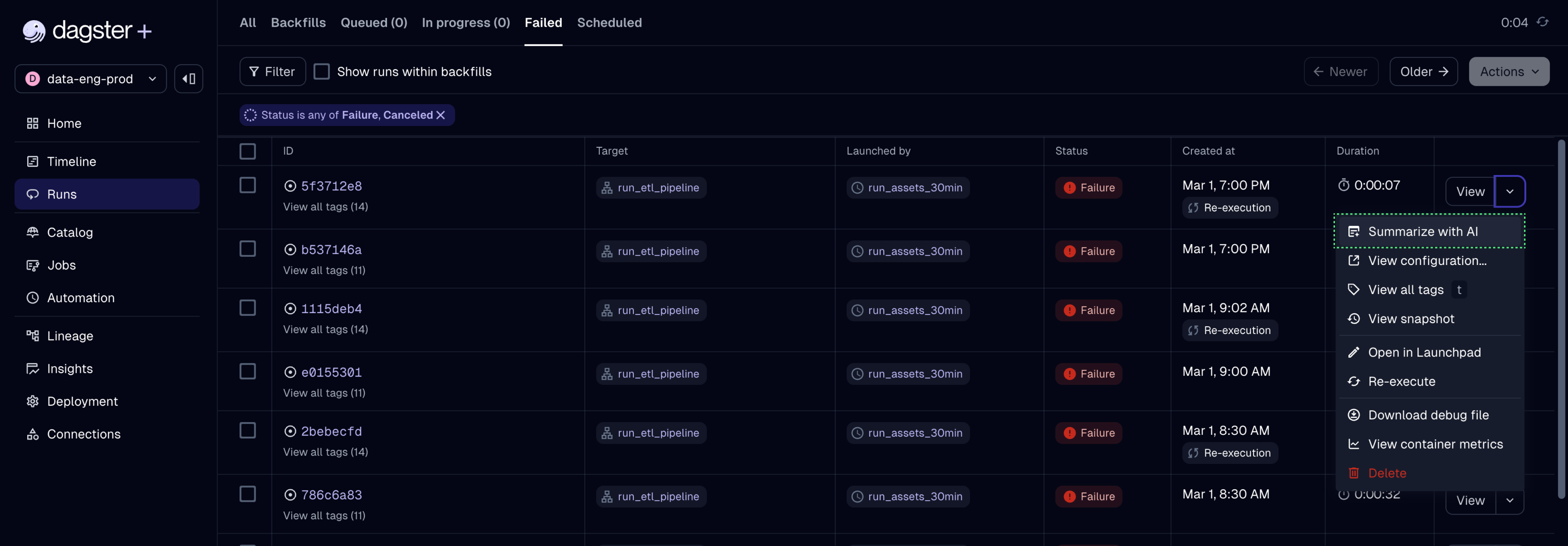 The Summarize with AI option in the run actions menu on the runs list