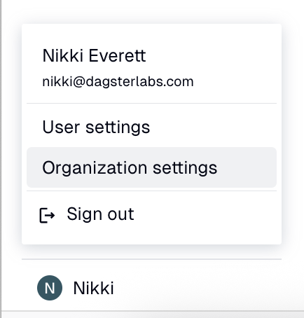 Organization settings link in user menu