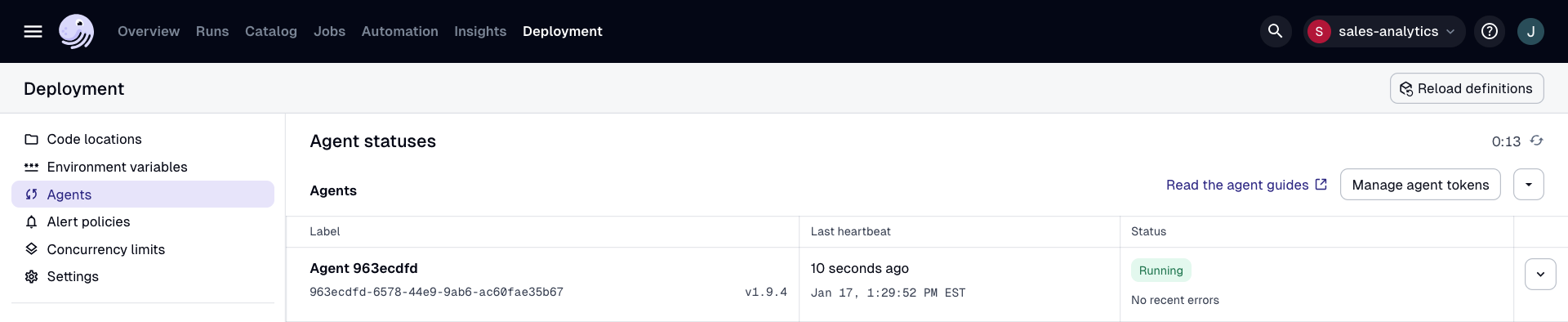 Running Hybrid agent displayed in Dagster+ UI