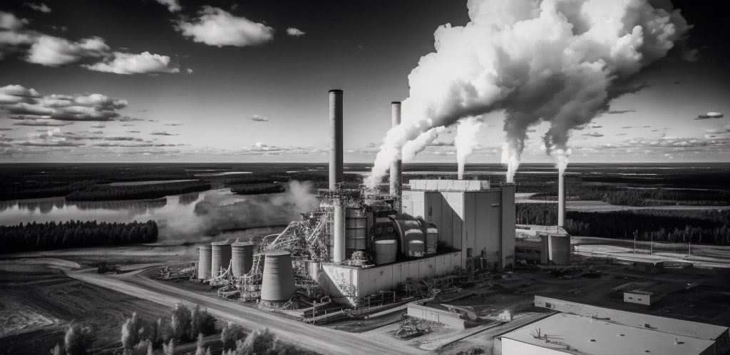 A power plant with plumes of emissions created in MidJourney