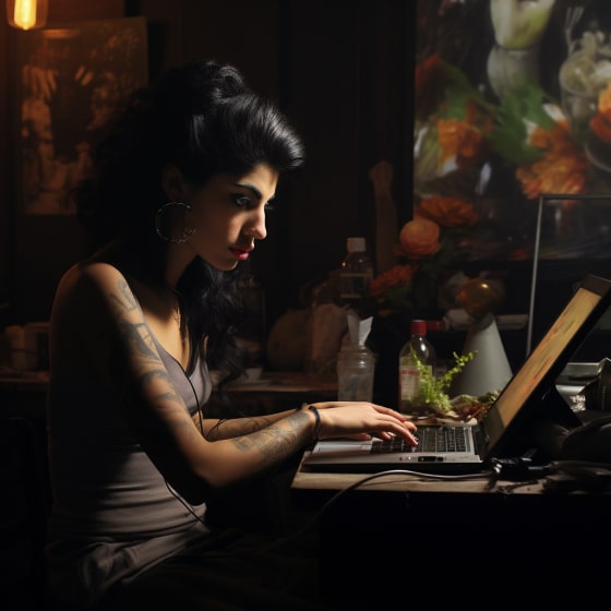 An AI generated image of British singer Amy Winehouse coding