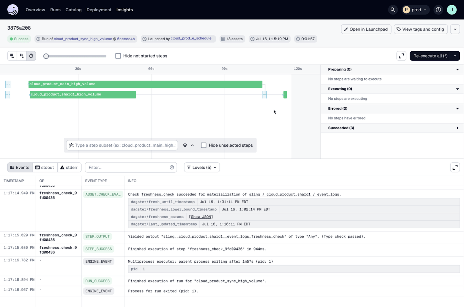 A screenshot of run details in Dagster for debugging.