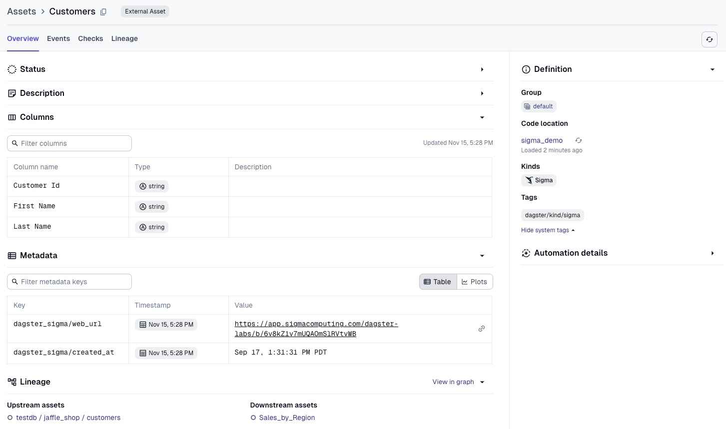 Sigma data asset information in Dagster