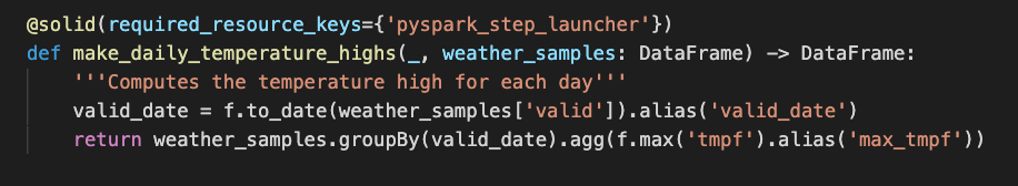 A PySpark solid. Pure business logic, executable on a local cluster, EMR, Databricks, etc