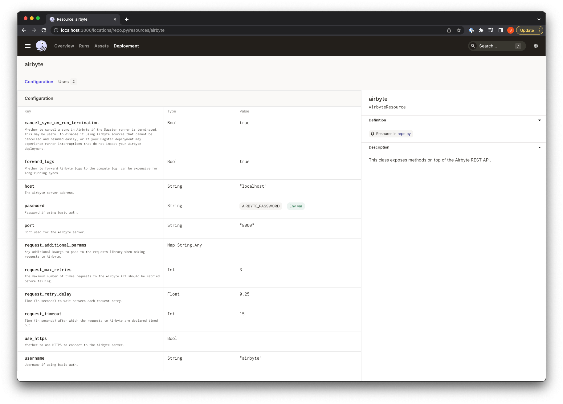 An example Airbyte resource in the resources ui.